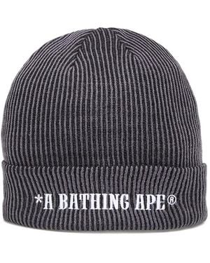 A Bathing Ape Ribbed Logo Beanie Hat - Gray
