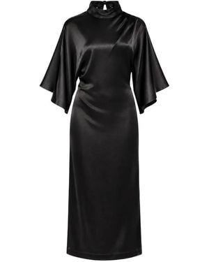 SOLOTRE Satin-Finish Flared-Sleeve Midi Dress - Black