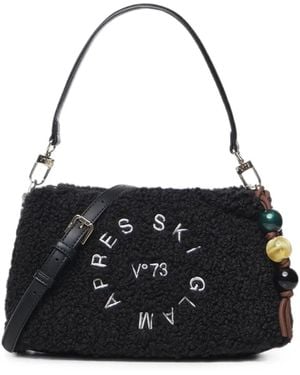 V73 Teddy-Effect Embroidered Shoulder Bag - Black