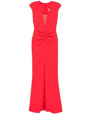 SILK LOVE & LACE Ruched-Front Split Maxi Dress - Red