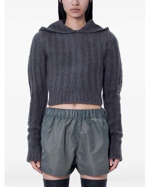 Rick Owens Ribbed-Knit Cropped Hoodie - Blue