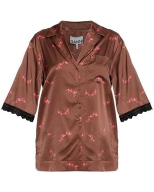 Ganni Floral-Print Lace-Trim Shirt - Brown