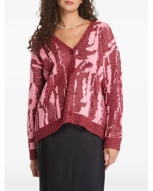Desigual Distressed Jacquard-Knit Cardigan - Red