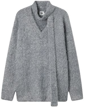 B+ AB V-Neck Attached-Scarf Jumper - Grey