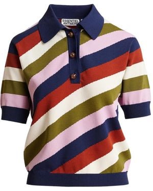 Essentiel Antwerp Striped Fine-Knit Polo Top - Blue