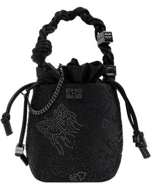Ganni Bou Braided-Handle Crystal-Embellished Bucket Bag - Black