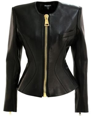 Balmain Lederjacke Mit Reißverschluss - Schwarz