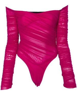Mugler Off-Shoulder Ruched Bodysuit - Pink