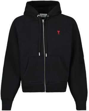 Ami Paris Ami De Coeur-embroidered Zip-up Hoodie - Black