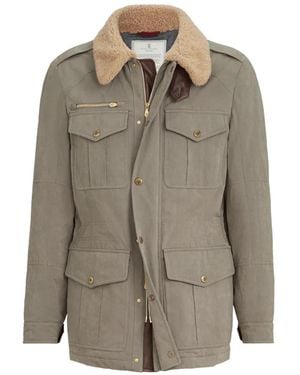 Brunello Cucinelli Waxed Techno-Cotton Safari Jacket With Thermore Padding, Nappa Leather Inserts And Shearling Collar - Grey