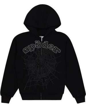 Sp5der Og Web V2 Rhinestone Zip-Up Hoodie - Black