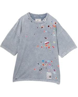 Maison Mihara Yasuhiro Kid Sticker-Print Bleached T-Shirt - Blue