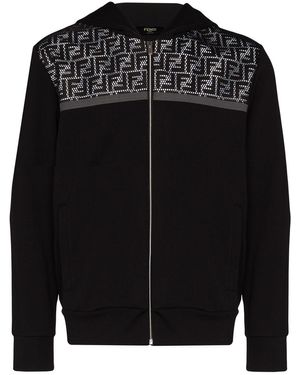Fendi Reflective Logo Panel Zipped Hoodie - Black