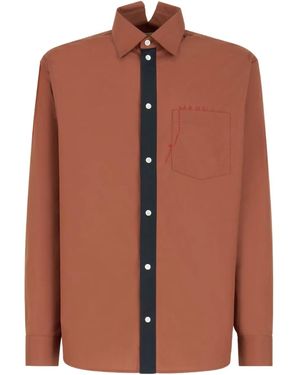 Marni Embroidered-Pocket Split-Collar Shirt - Brown