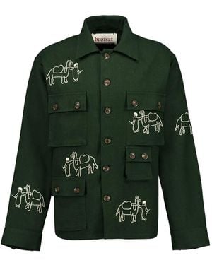 BAZISZT Camel-Embroidered Multi-Pocket Shirt - Green