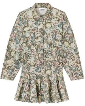 Ganni Floral-Print Buttoned Dress - White