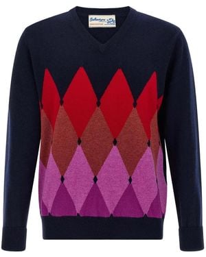Ballantyne Argyle V-Neck Cashmere Sweater - Pink