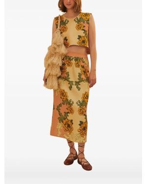 FARM Rio Floral-Print Linen Top - Metallic