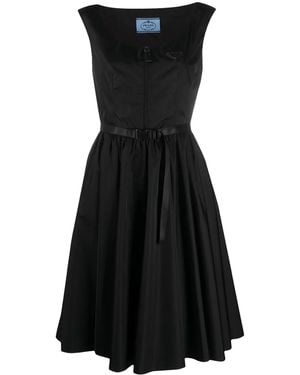 Prada Belted Logo Plaque Flared Dress - Black