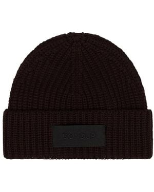 Dondup Ribbed-Knit Logo-Patch Beanie Hat - Black