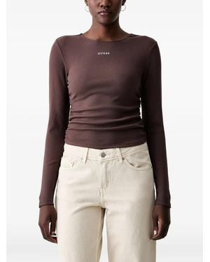 Guess Ribbed-Knit Ruched-Side T-Shirt - Brown