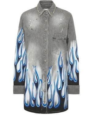 Philipp Plein Graphic-Print Denim Shirt - Grey