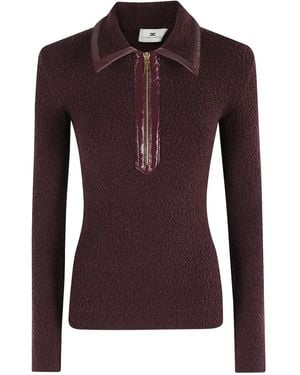 Elisabetta Franchi Bouclé-Knit Polo-Shirt Top - Purple