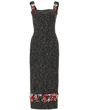 Carolina Herrera Floral-Embroidered Tweed Midi Dress - White