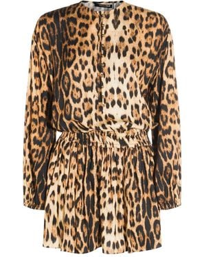 Roberto Cavalli Leopard-Print Long-Sleeve Dress - Natural
