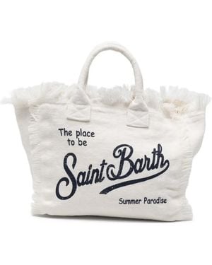 MC2 Saint Barth Sac Cabas Colette En Lin À Logo Imprimé Et Franges - White