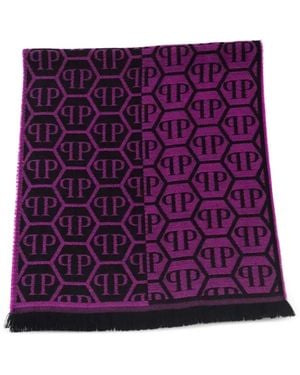 Philipp Plein Monogram-Pattern Fringed Scarf - Purple