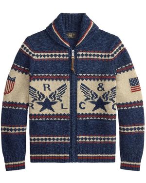 RRL Zip-Up Graphic Cotton Cardigan - Blue