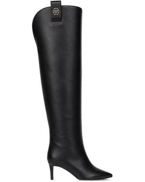 Philipp Plein Nappa-Leather Low-Heel Overknee Boots Hexagon - Black