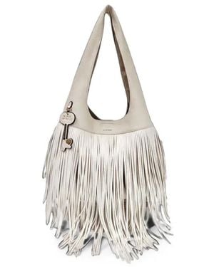 Le Pandorine Large Fringe Grained Shoulder Bag - White