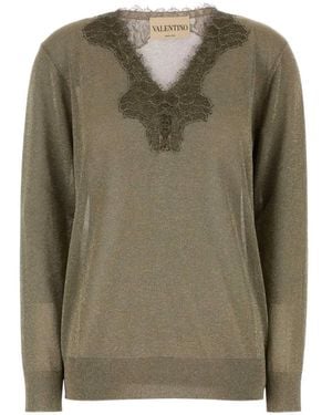 Valentino Garavani Jersey Con Ribete De Encaje Y Efecto Metalizado - Verde