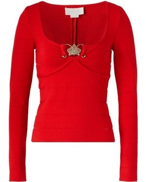 Genny Orchid-Detail Knitted Top - Red