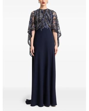 Gemy Maalouf Beaded Sheer Cape Gown - Blue