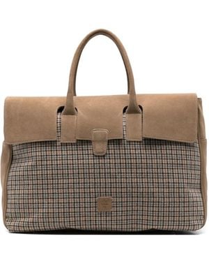 Eleventy Check-Pattern Suede-Panelled Tote Bag - Brown
