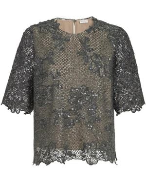 Brunello Cucinelli Dazzling Lace-Embroidery T-Shirt - Grey