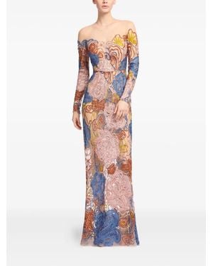 Elie Saab Floral Embroidered Tulle Midi Dress in Natural | Lyst