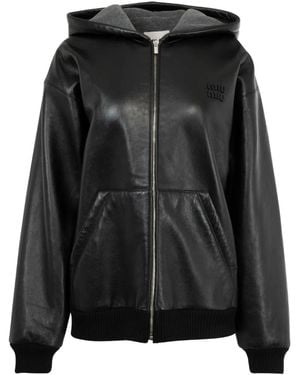 Miu Miu Veste En Cuir À Capuche - Noir