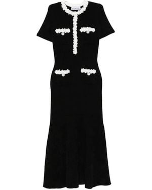Self-Portrait Floral-Appliqué Ribbed-Knit Midi Dress - Black