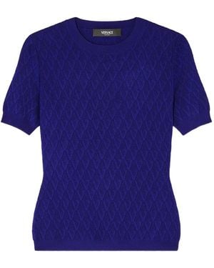 Versace Gebreide Top Met Textuur En Korte Mouwen - Blauw