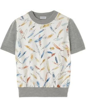 Burberry Feather Print Panel Wool Silk T-Shirt - Gray