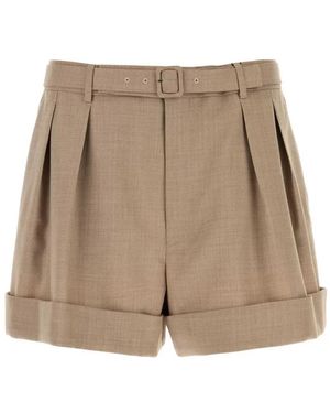 Saint Laurent Belted Wool Bermuda Shorts - Natural