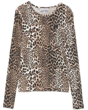 Ganni Ribbed Leopard-Print T-Shirt - Blue