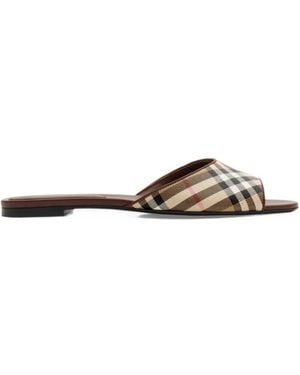 Burberry Check And Leather Fey Slides - White