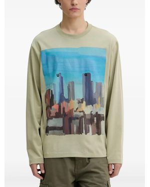 HUGO Cityscape-Print Long-Sleeve T-Shirt - Blue