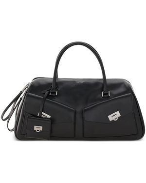 Ferragamo Medium Leather Flap-Pockets Tote Bag - Black