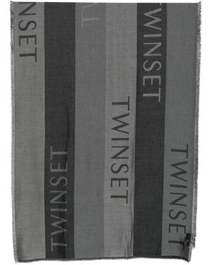 Twinset Logo-Print Frayed Scarf - Gray